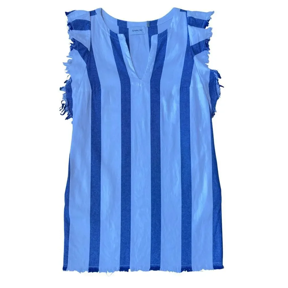 Sam & Lavi Blue White Striped Sleeveless Shift Dress with Frayed Edges - Small - Picture 3 of 8